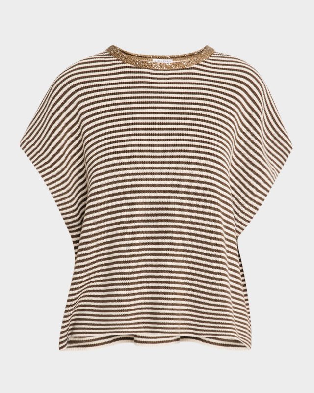 Striped Cotton Short-Sleeve Paillette-Neck Sweat